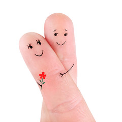 happy couple hug with flower concept, painted at fingers isolate