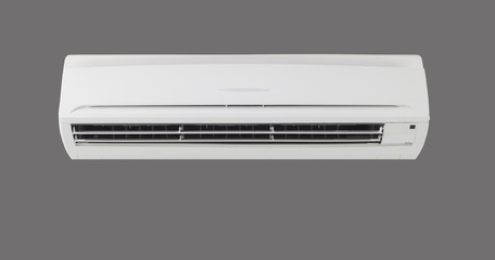 ir conditioner (AC) indoor unit icon or evaporator and wall mounted. That is part of mini split system or ductless system type. For removing heat and moisture from room. Isolated on gray background.