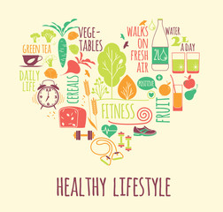 Healthy lifestyle Icons set in the shape of heart