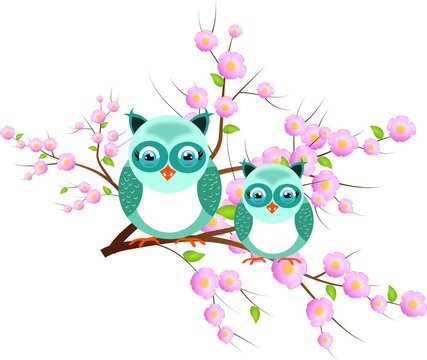 Two blue owls on pink tree