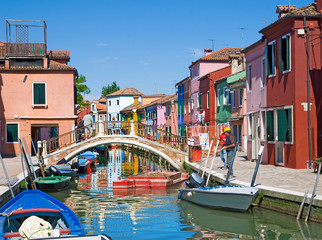 Fototapeta na wymiar Venice, Burano island, small brightly-painted houses and channel