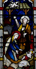 Nativity: birth of Jesus in stained glass