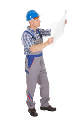 Worker Reading Blueprint Over White Background