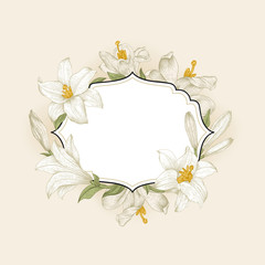 Vintage floral frame with white royal lilies