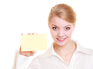 Ad. Businesswoman holding blank copy space card