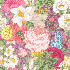 Seamless vector vintage pattern with garden colorful flowers.