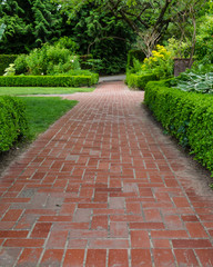Brick pathways through a garden