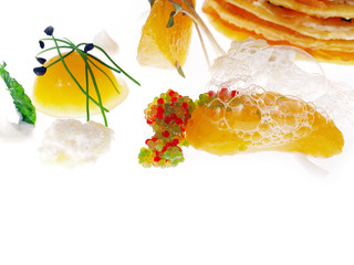 Naklejka na ściany i meble pancakes with smoked salmon and caviar imitation