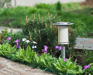 Fototapeta na wymiar Solar-powered lamp on garden background.
