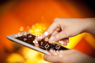 Finger pointing on tablet pc, social media concept