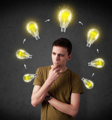 Young man thinking with lightbulb circulation around his head