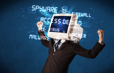 Monitor head person with hacker type of signs on the screen