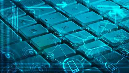 Keyboard with glowing cloud technology icons