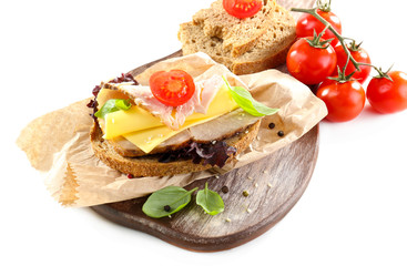 Delicious sandwiches with meet isolated on white
