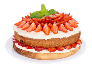 Delicious biscuit cake with strawberries isolated on white