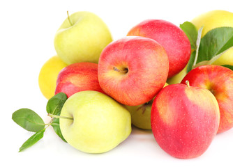 Ripe sweet apples with leaves, isolated on white