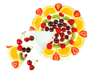 Homemade sweet pizza with fruits isolated on white