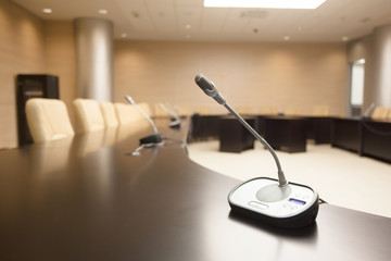 microphone on table at empty conference room