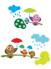 Owl family in the rain, with umbrellas.Cartoon ilustrations for