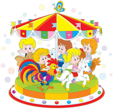 Children riding on a funny carousel