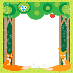 Foxes and bird in the wood. Funny cartoon and vector scene.