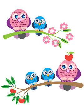 Owl family on a branch- srping and summer.Cartoon ilustration fo