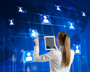 Woman  with tablet and  communication icons