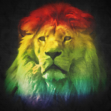 Colorful, artistic portrait of a lion on black background.