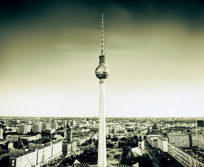 Tv tower or Fersehturm in Berlin, Germany. Vintage retro tone