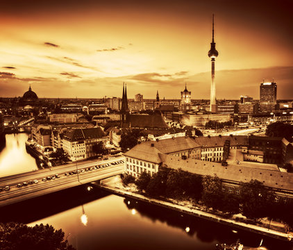 Berlin, Germany major landmarks at sunset in gold tone