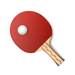 Table tennis red racket and ball isolated on white background