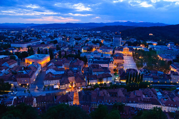 Old Town of Ljubljana at dusk in Slovenia