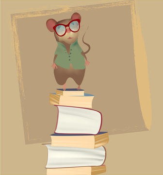 Mouse on a pile of books. Vector  Illustration