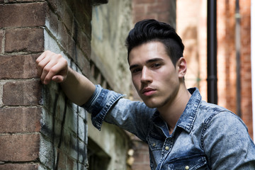 Handsome black haired young man in denim shirt