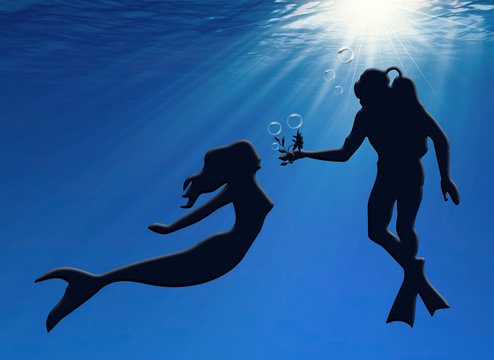 Sirena y buzo, ilustración, San Valentín