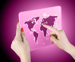 woman hand touch world map and connection