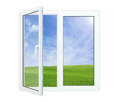 Open window with picturesque view of blue sky 