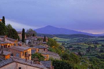 Fototapeta na wymiar Ancient houses in Pienza in twilight , Tuscany, Italy