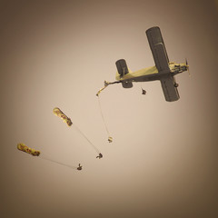 Retro style picture of the biplane with skydivers.