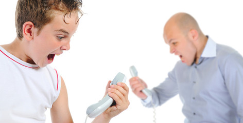 Father and son is arguing while talking over the telephone