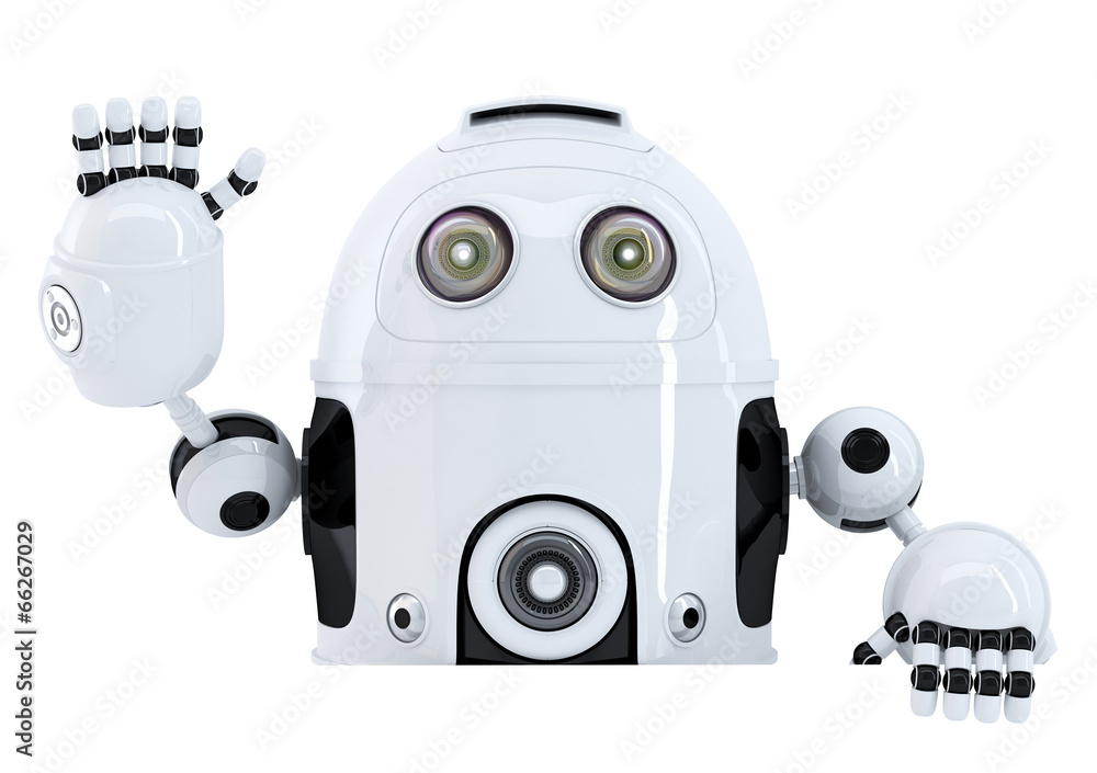 Poster robot holding blank banner. isolated. clipping path