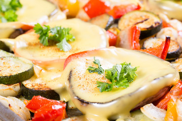 Baked mushrooms with cheese and parsley with vegetables