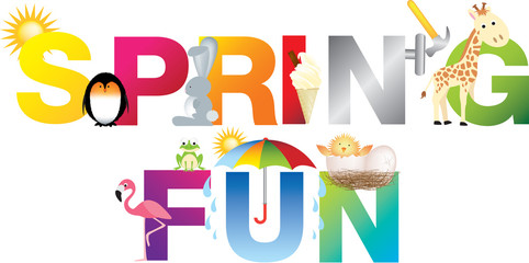 spring fun word in childrens alphabet typeface