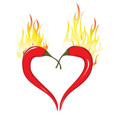 Two chili peppers forming a shape of heart. Hot lover symbol.