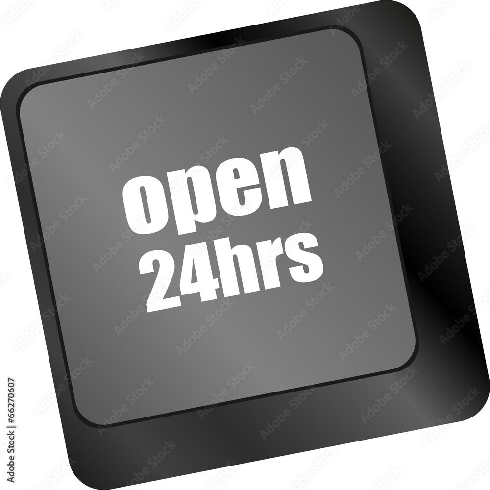 Poster computer keyboard with open 24 hours keys, business concept