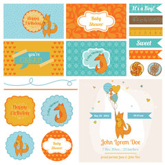 Fototapeta premium Baby Shower Cute Foxes Set - for Party Decoration, Scrapbook