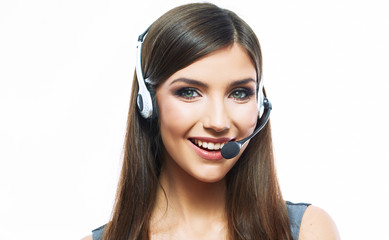 Fototapeta premium Smiling woman operator isolated on white backgroun