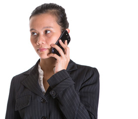 Asian businesswoman with a smart phone over white background