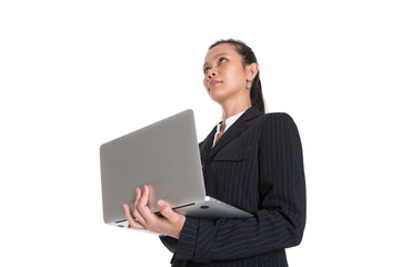 Asian businesswoman with laptop over white background