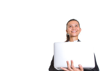 Asian businesswoman with laptop over white background